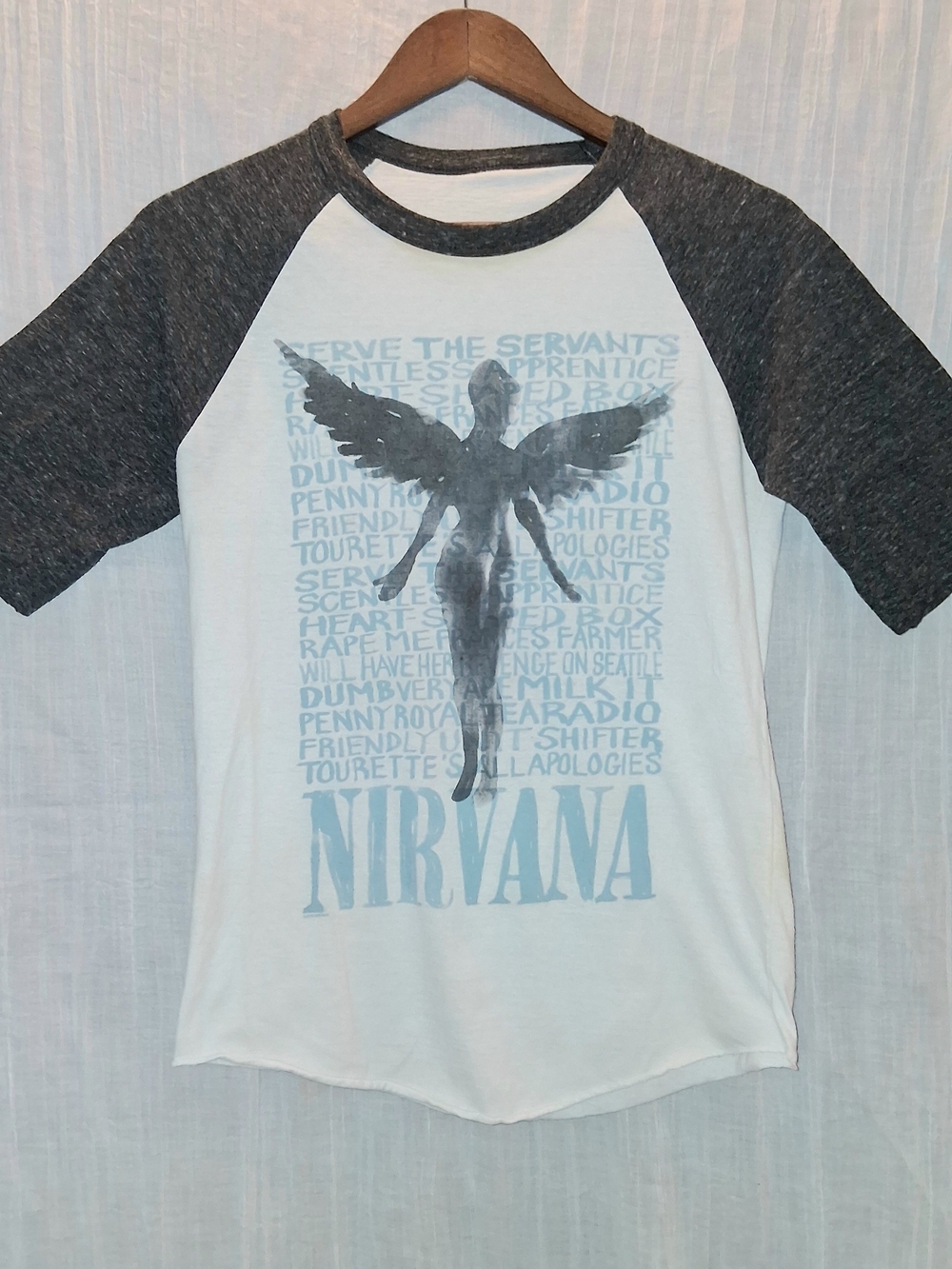 Nirvana Raglan Baseball Tee in White and Charcoal